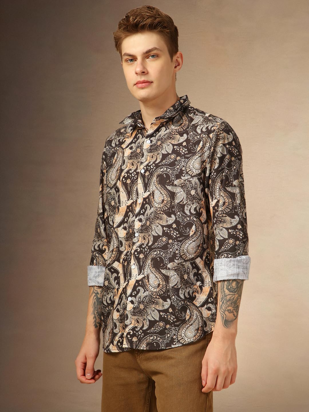 Dennis Lingo Men Regular Fit Cotton Full Sleeves Ethinc Print Casual Shirts Brown
