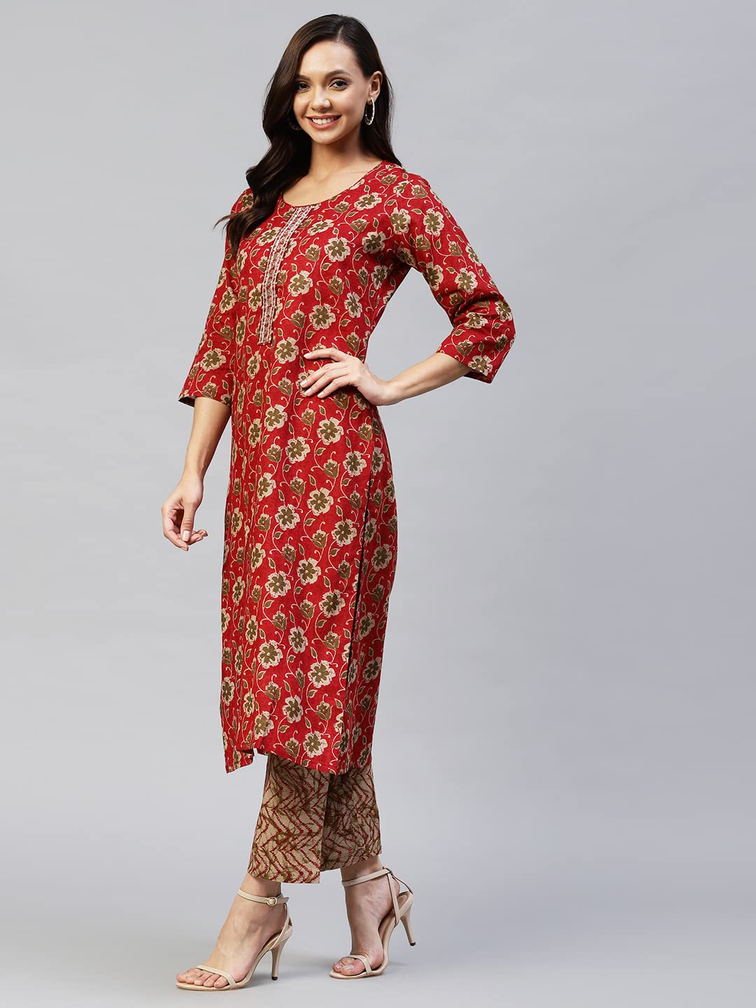 ANNI DESIGNER Women's Cotton Blend Printed Straight Kurta with Pant (Duran Red-NwFB01)