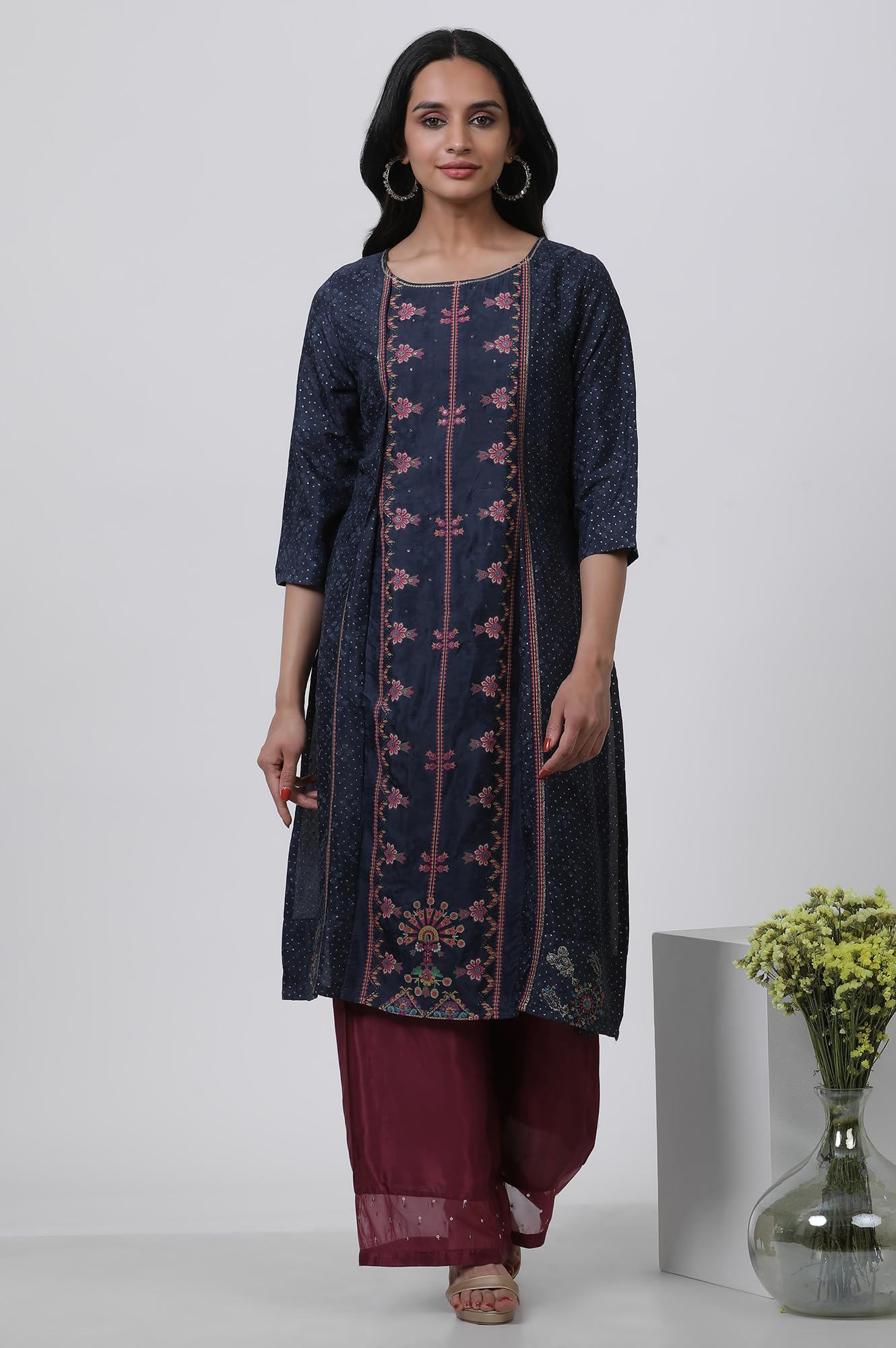 W Dark Blue Floral Printed Glitter WomenS Top Palazzo Set