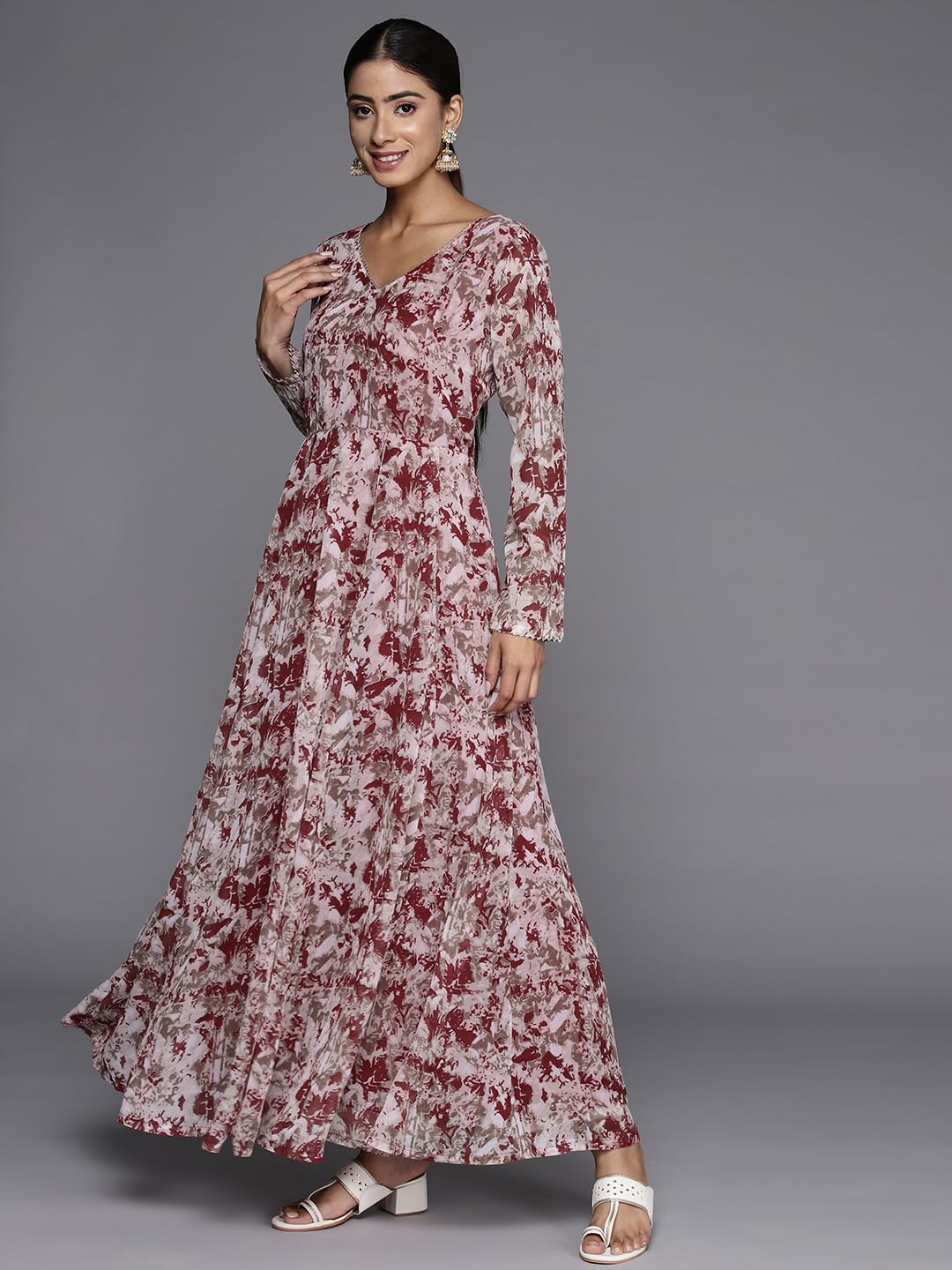 Varanga Maroon Abstract Printed V-Neck Embellished with Triangular Lace, Long Sleeves Embellished with Gota Lace Anarkali Kurta Paired with Tonal Dupatta