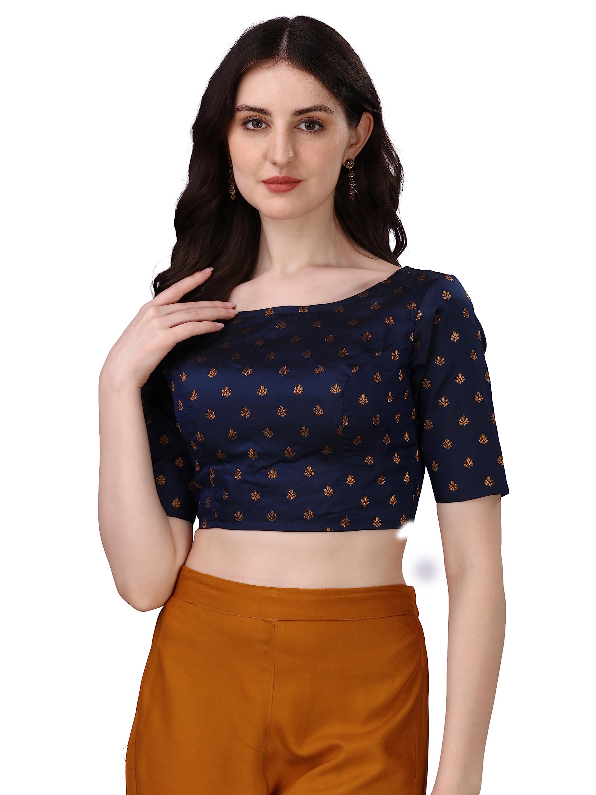OOMPH! Womens Indian Ethnic Wear Designer Leaf Pattern Boat Neck Half Sleeve Brocade Navy Blue Blouse for Saree or Lehnga and B