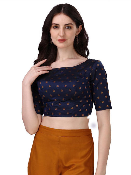OOMPH! Womens Indian Ethnic Wear Designer Leaf Pattern Boat Neck Half Sleeve Brocade Navy Blue Blouse for Saree or Lehnga and B