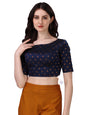 OOMPH! Womens Indian Ethnic Wear Designer Leaf Pattern Boat Neck Half Sleeve Brocade Navy Blue Blouse for Saree or Lehnga and B
