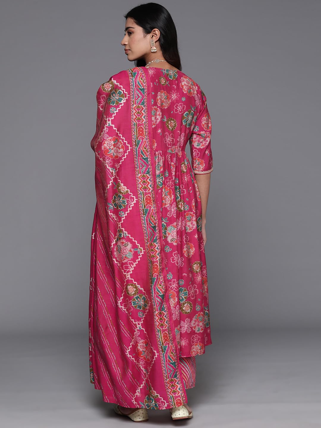 Libas Womens Printed Silk Blend A-Line Kurta With Palazzos And Dupatta