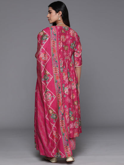 Libas Womens Printed Silk Blend A-Line Kurta With Palazzos And Dupatta
