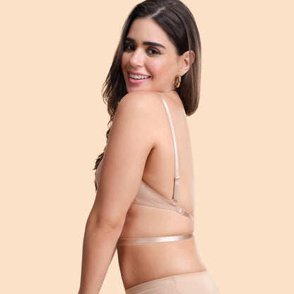 Enamor Womens 81% Nylon & 19% Spandex Wire Free Low Criss-Cross Back Convertible Padded and Wirefree Medium Coverage Plunge Bra