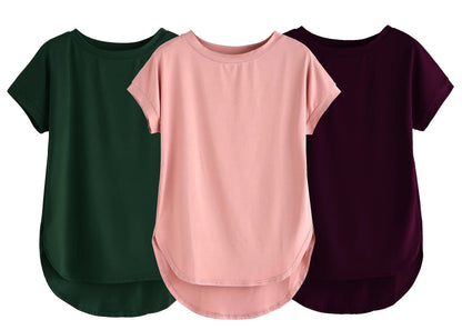 Fabricorn Combo Of Three Plain Bottle Green, Dusty Rose And Wine Round Neck Up And Down Cotton Tshirt For Women (Bottle Green, D