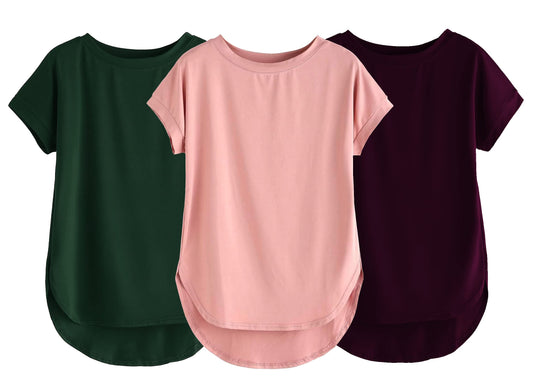 Fabricorn Combo Of Three Plain Bottle Green, Dusty Rose And Wine Round Neck Up And Down Cotton Tshirt For Women (Bottle Green, D