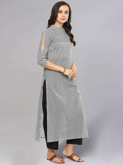 Idalia Black And White Dotted Stripes Straight Cotton Kurta For Women