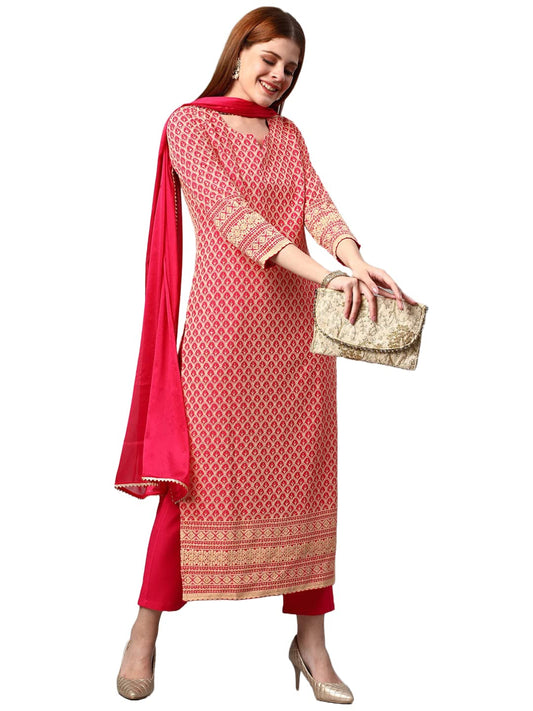 ANNI DESIGNER Women's Cotton Blend Embroidered Straight Kurta with Pants & Dupatta (Dumas-Green-Nw)