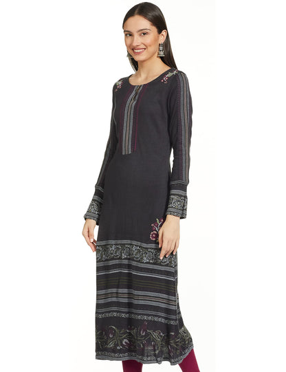 W for Woman Dark Grey Crosstitch Embroidered Kurta