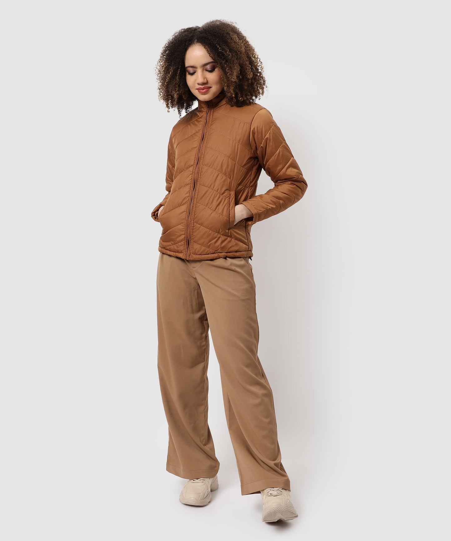 Campus Sutra Womens Brown Puffer Regular Fit Bomber Jacket For Winter Wear | Standing Collar | Full Sleeve | Zipper | Casual Ja