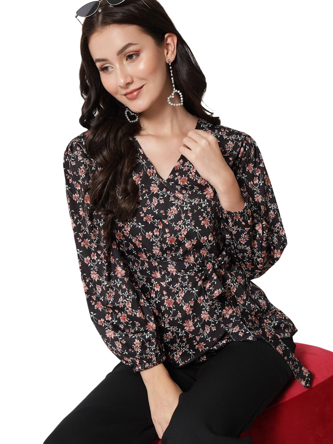Kotty WomenS Casual Balloon Sleeve Floral Print Multicolor Top