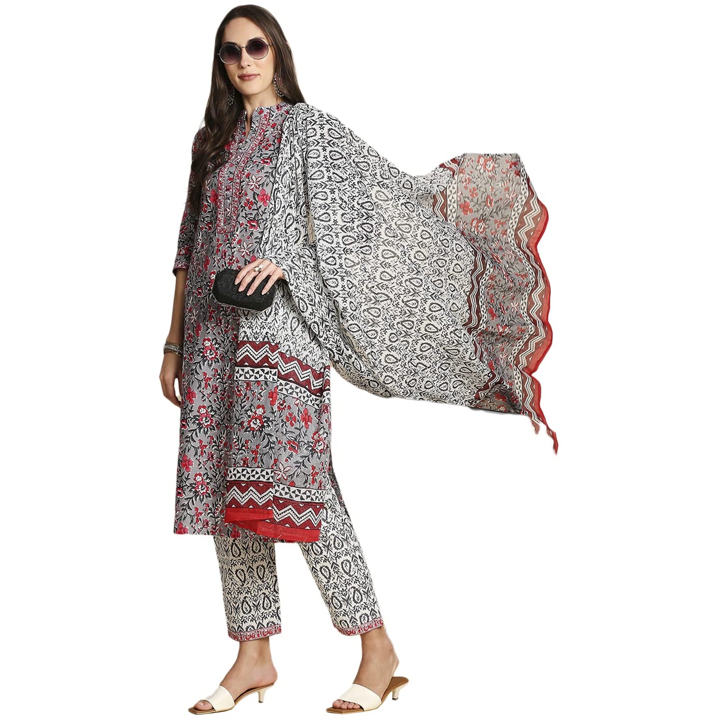anubhutee Women Grey & Pink Pure Cotton Floral Print Kurta with Trousers & Dupatta
