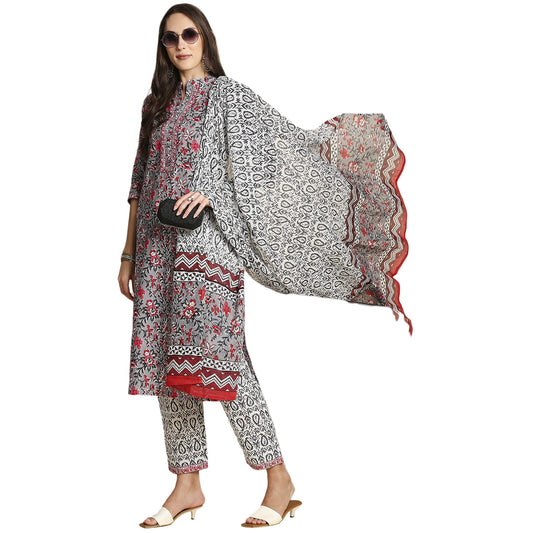 anubhutee Women Grey & Pink Pure Cotton Floral Print Kurta with Trousers & Dupatta