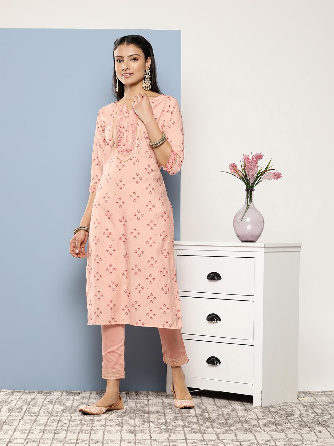 Libas WomenS Silk Printed Straight Kurta (26248_Peach