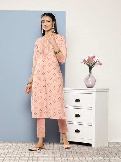 Libas WomenS Silk Printed Straight Kurta (26248_Peach