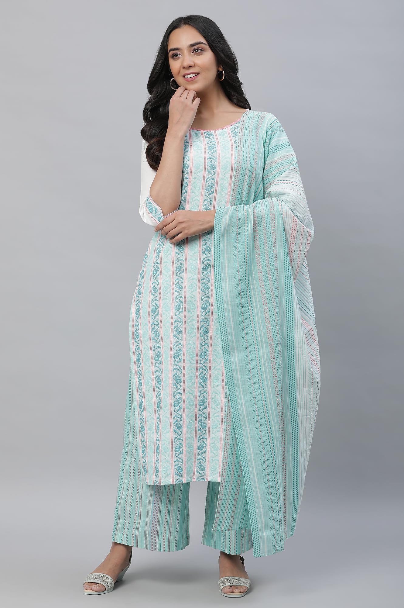 Aurelia Women's Spermint Pure Cotton Straight Kurta, Palazzos, Dupatta Suit Set