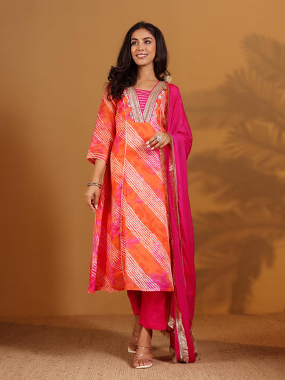 Varanga Leheriya Printed Gota & Zari Embelished Anarkali Kurta Paired with Bottom and Dupatta