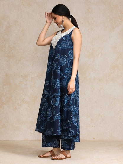 Varanga Floral Printed Mirror & Thread Embroidered Yoke Anarkali Kurta With Trouser