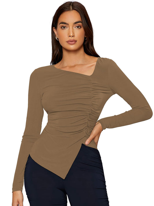 Shasmi Womens & Girls Brown Long Sleeve Asymmetrical Neck Solid Color Ruched Front Asymmetrical Hem Tee Workwear Fancy Top, T-