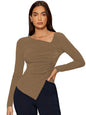Shasmi Womens & Girls Brown Long Sleeve Asymmetrical Neck Solid Color Ruched Front Asymmetrical Hem Tee Workwear Fancy Top, T-