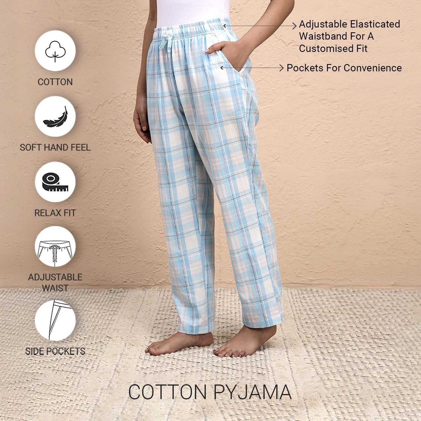 NYKD (NYS141 Checked Pure Cotton Pyjama Sleepwear Pants for Women | Relaxed Fit with Non-Slip Elasticated Waistband, Adjustable