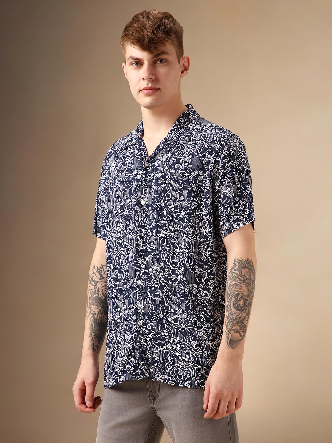 Dennis Lingo Men Navy Blue Rayon Half Sleeve Cuban Collar Aop Shirts_Dlmshmjj24003
