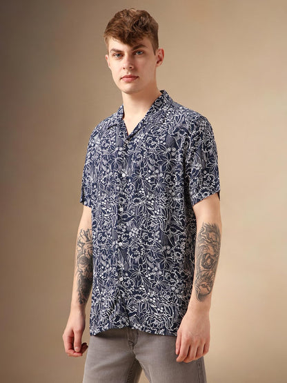 Dennis Lingo Men Navy Blue Rayon Half Sleeve Cuban Collar Aop Shirts_Dlmshmjj24003