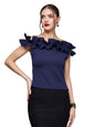 Miss Chase WomenS Navy Blue Designer Off Shoulder Sleeveless Solid Slim Fit Ruffled Frilled Gathered Bardot Top (Mcaw17Tp09-16-