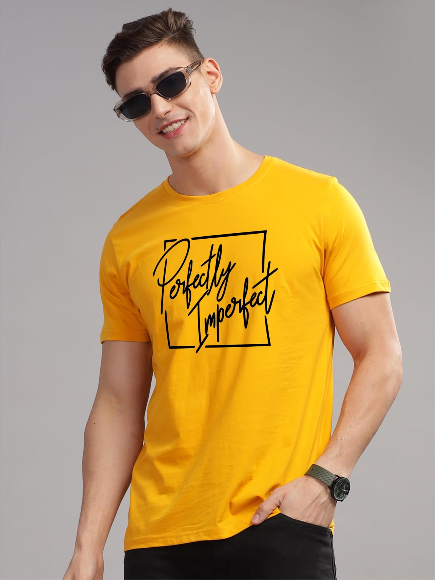 ADRO Mens Printed T Shirt - Premium Cotton Graphic Printed Tshirt - Mustard T-Shirt - RN24-FECT-MU