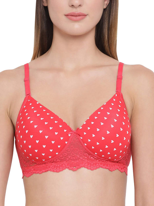 Clovia Womens Lace Padded Non-Wired Heart Print T-Shirt Bra (BR1806P04_Red_38C)