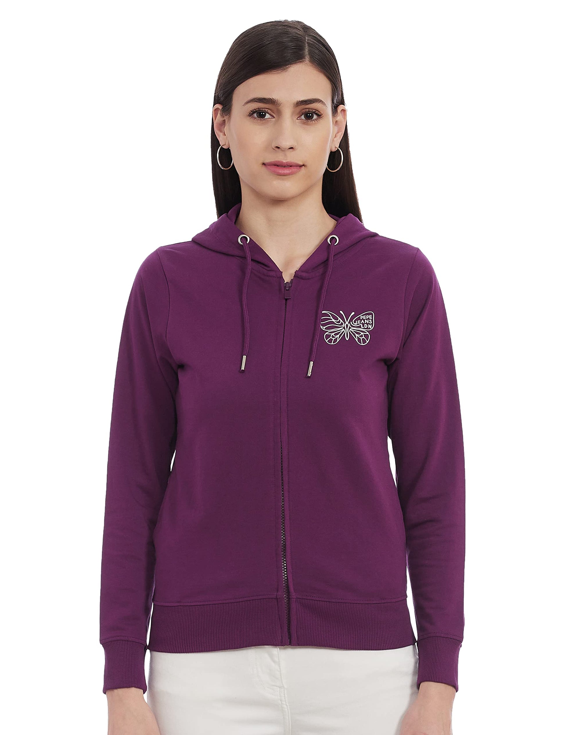 Pepe Jeans Women Hooded Neck Full Sleeve Purple Sweatshirt(_8905074354887_L_Dk Plum_)