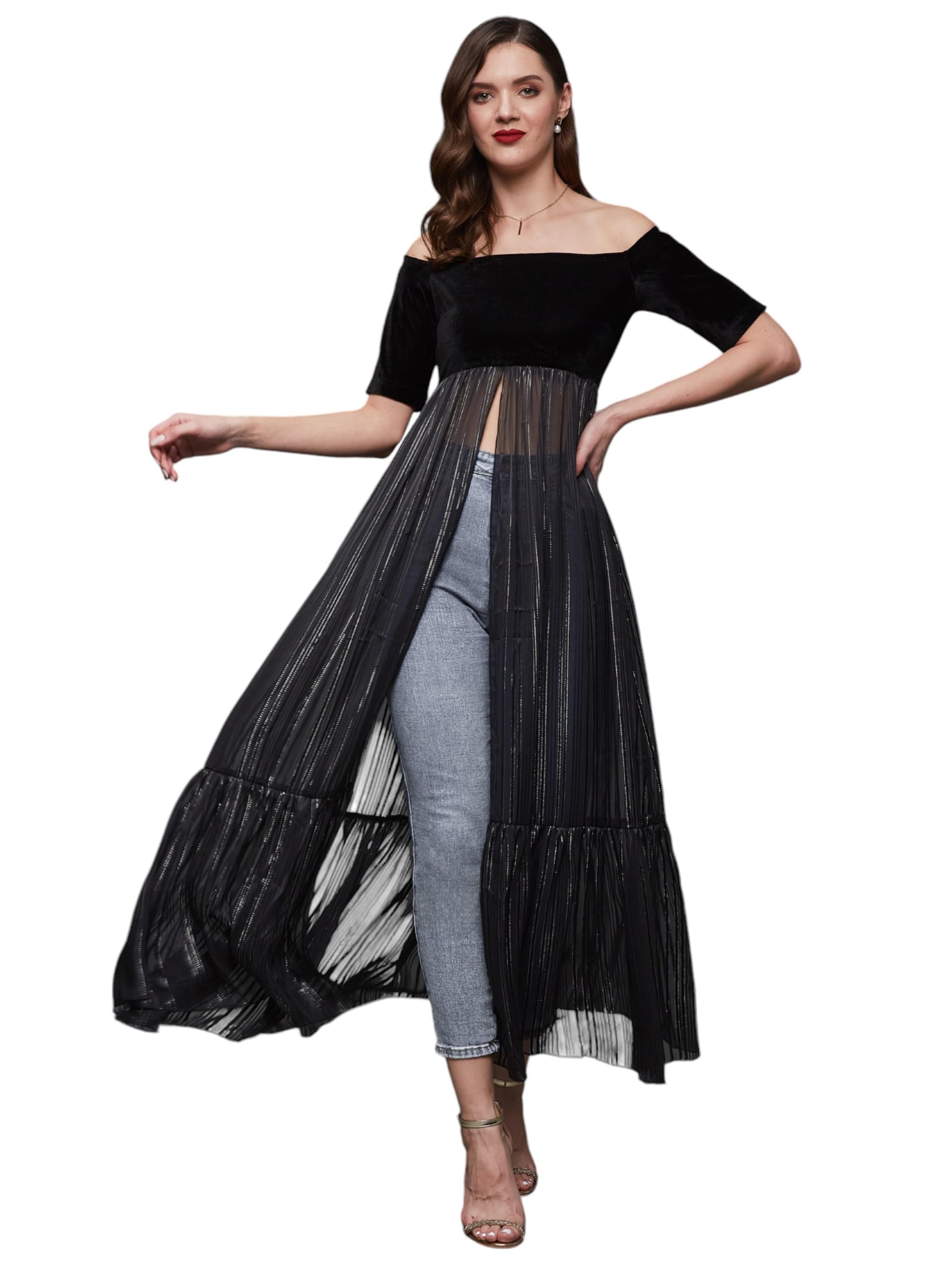 Miss Chase Womens Off Shoulder Half Sleeves Maxi-Length Top (MCSS25TP98-24-62-05, Black, L)