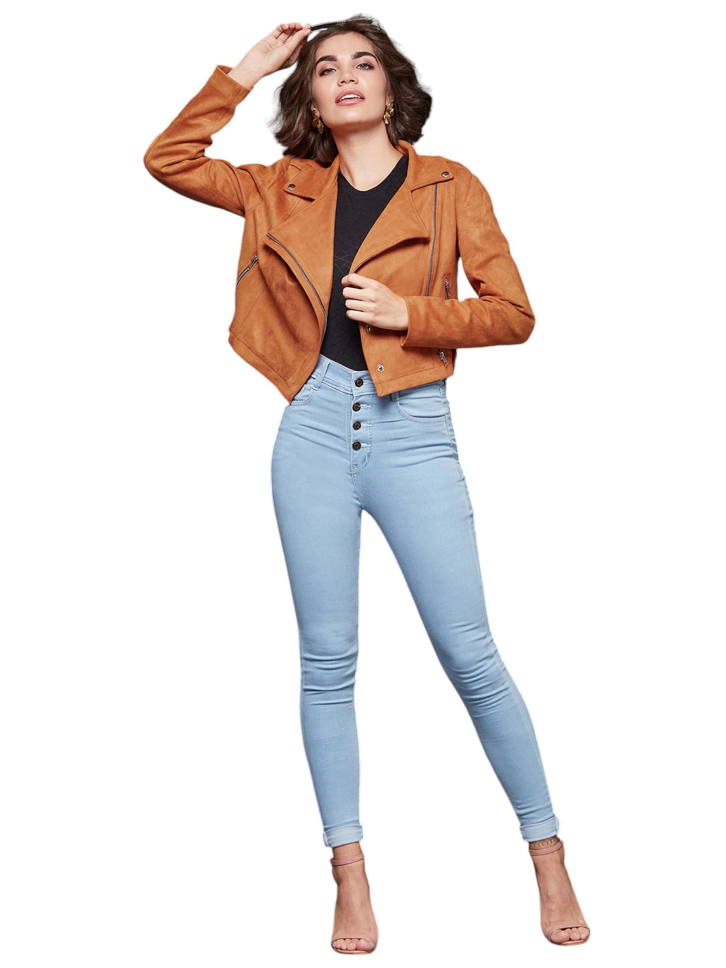 Miss Chase Womens Solid Notch Collar Full Sleeve Crop Blazer Style Zipper Jacket (MCAW24JKT03-59-286-06, Burnt Orange, XL)