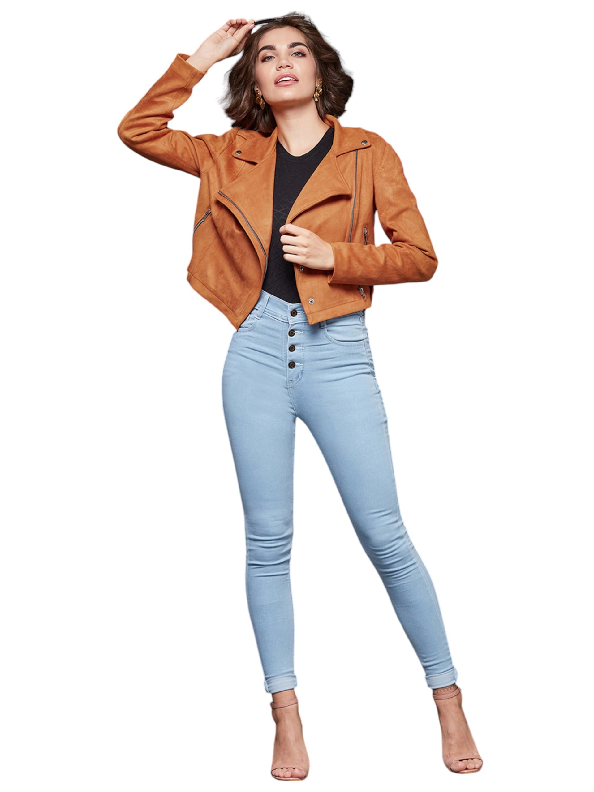 Miss Chase Womens Solid Notch Collar Full Sleeve Crop Blazer Style Zipper Jacket (MCAW24JKT03-59-286-06, Burnt Orange, XL)