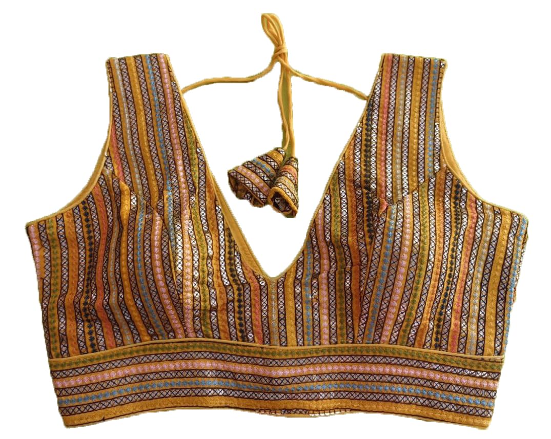 Vihu Fashion Womens Sleeveless Readymade sabyasachi Pattern V Neck Blouse Embroidery Work with Sequence Blouse Indian Ethnic we