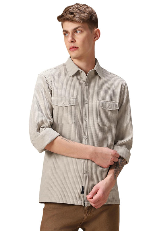Dennis Lingo Relaxed Fit Full Sleeves Spread Collar Textured Men Shirt Beige