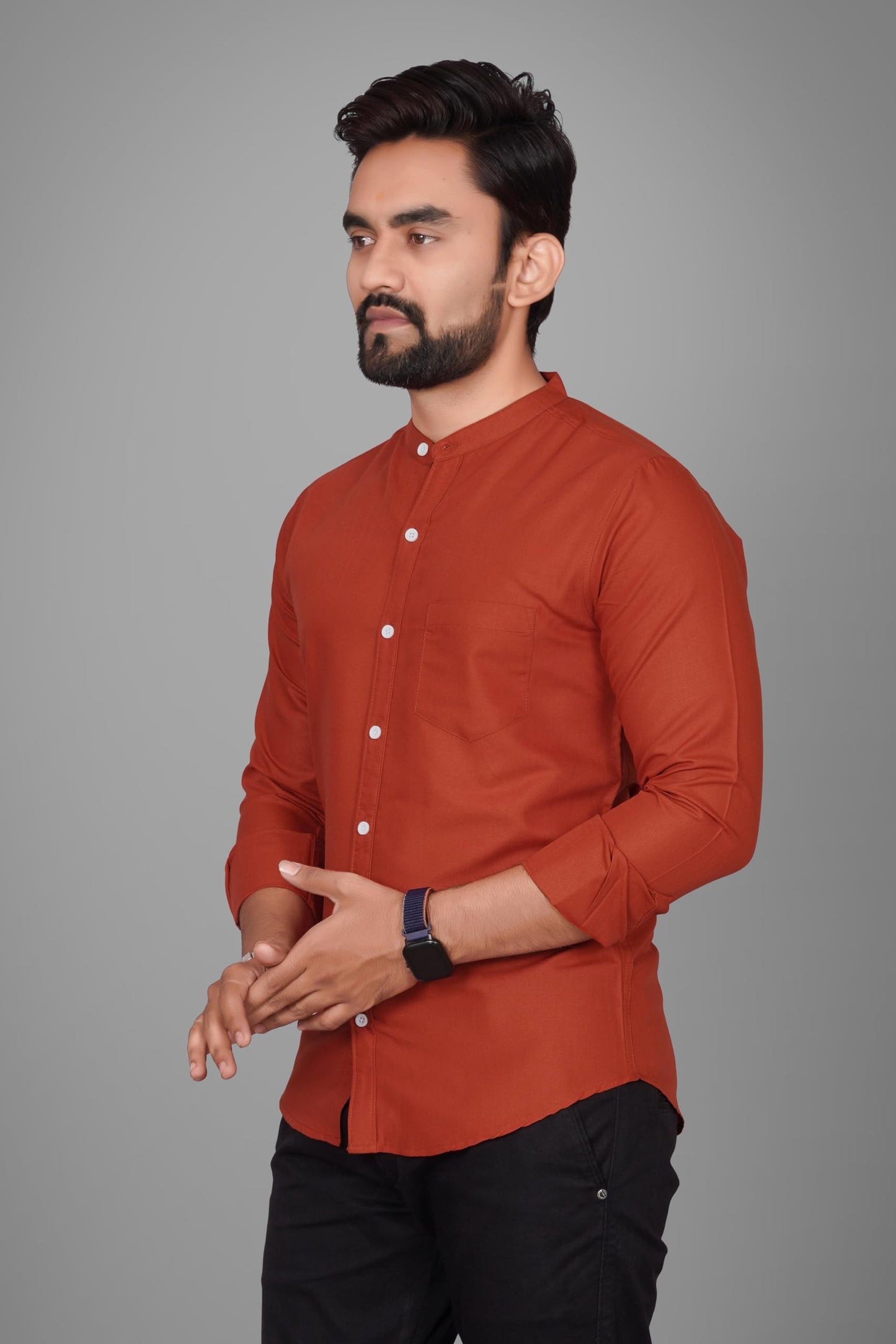 Besix MenS Cotton Solid Shirt With Mandarin Collared Full Sleeve Button Closure Curved Hem Straight Length And One Pocket | Mdr