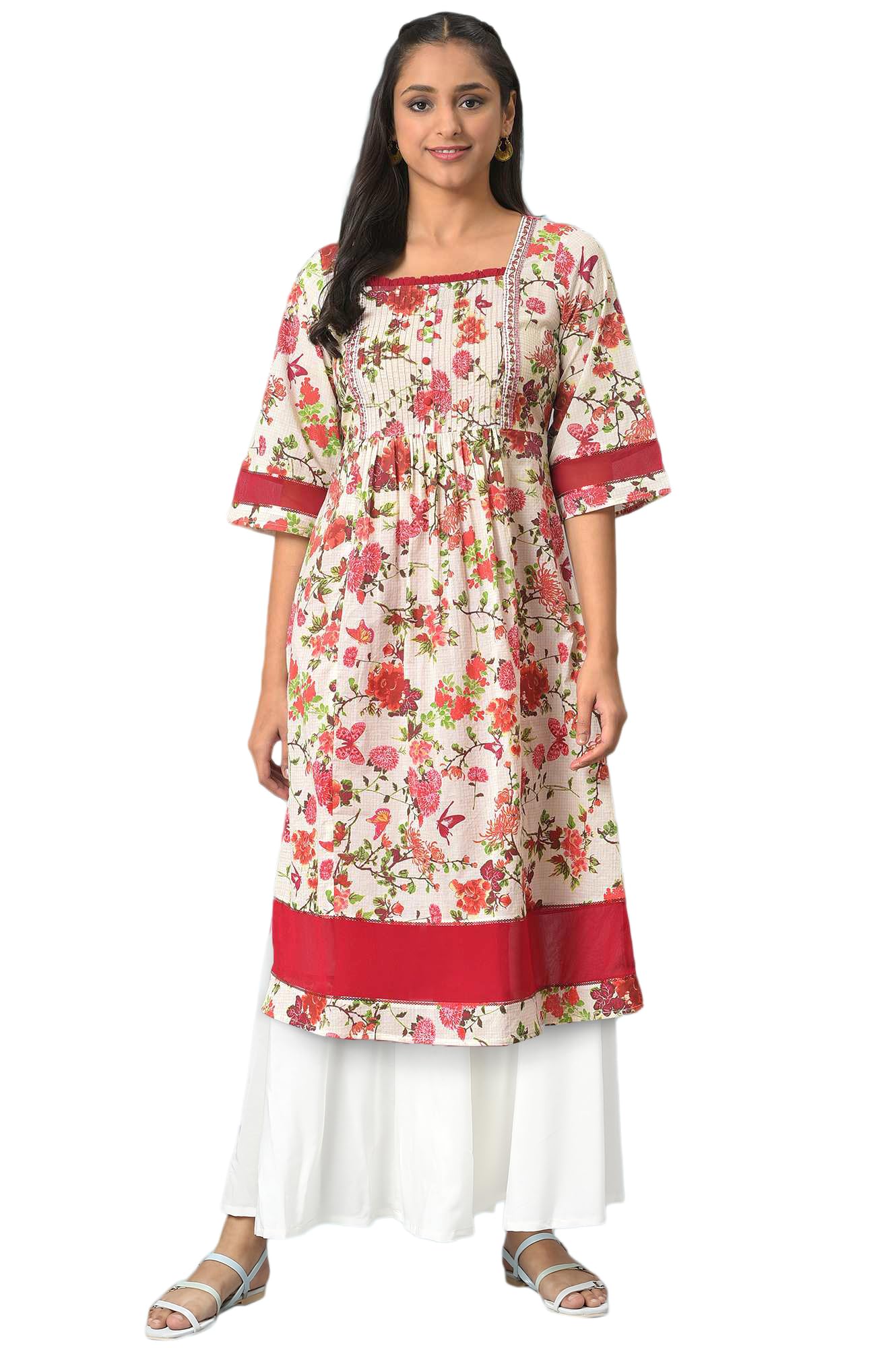 Aurelia Women's Natural Floral Printed Rayon A-Line Kurta and Palazzo Set (ONVAS13871-506463-S)
