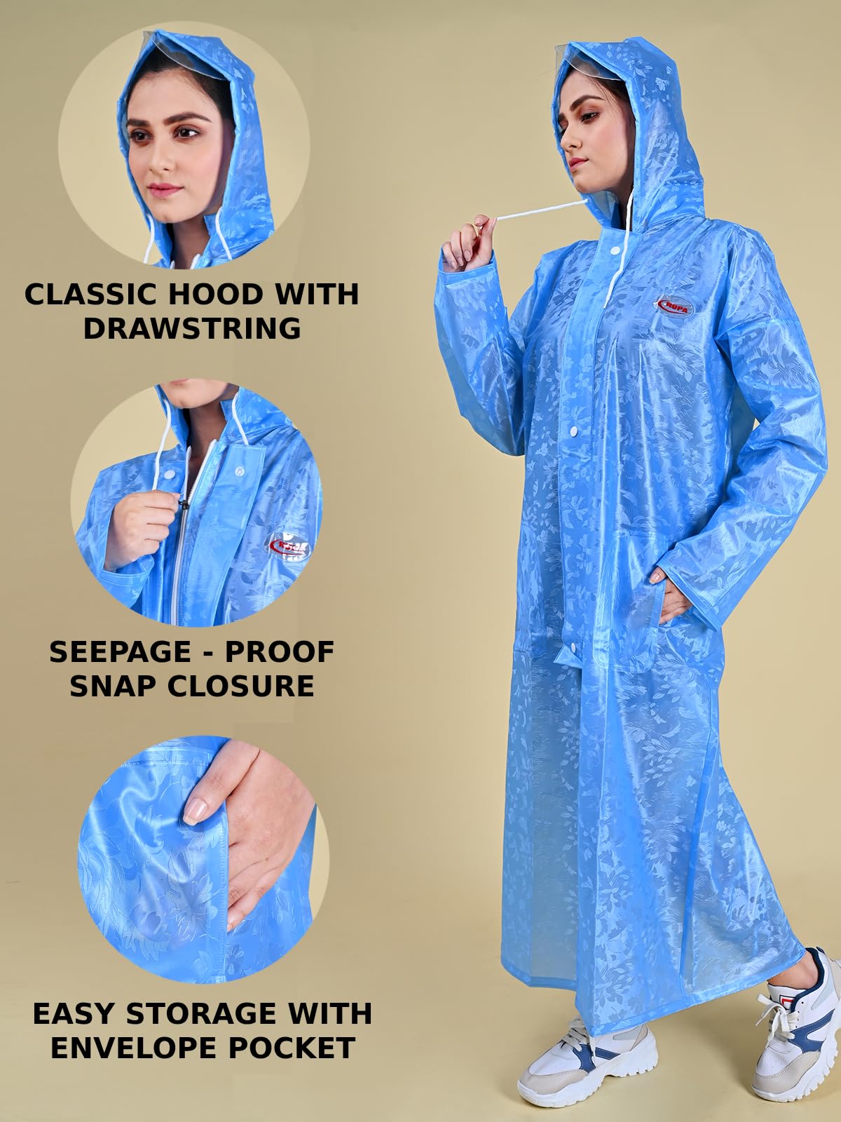 Rupa Rainwear For Women, Waterproof Pvc Rain Standard Length Jacket With Carry Bag, Petals Design, Pack Of 1, Blue