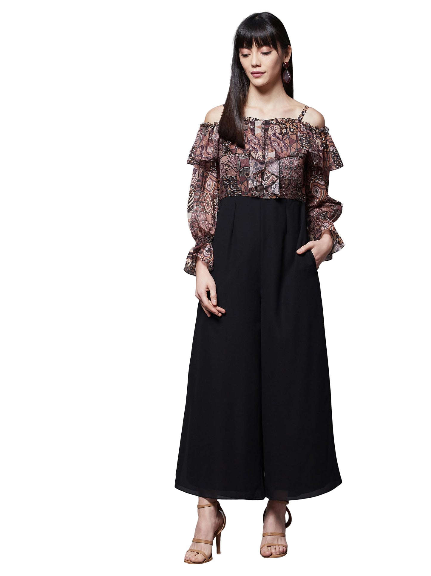 Miss Chase WomenS Off-Shoulder Ruffled Sleeve Animal Print Frilled Regular Jumpsuit With Pockets (Mcaw23D98-76-171-05, Multicolo