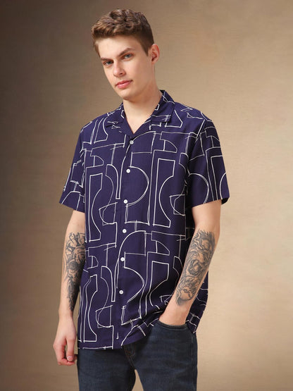 Dennis Lingo Men Blue Printed Viscose Relaxed Fit Half Sleeve Shirts