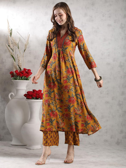 Gosriki WomenS Rayon Blend Anarkali Printed Kurta With Palazzo & Dupatta (Cia Yellow-Vks05-Gs_5Xl_Yellow_Xxxxx-Large)