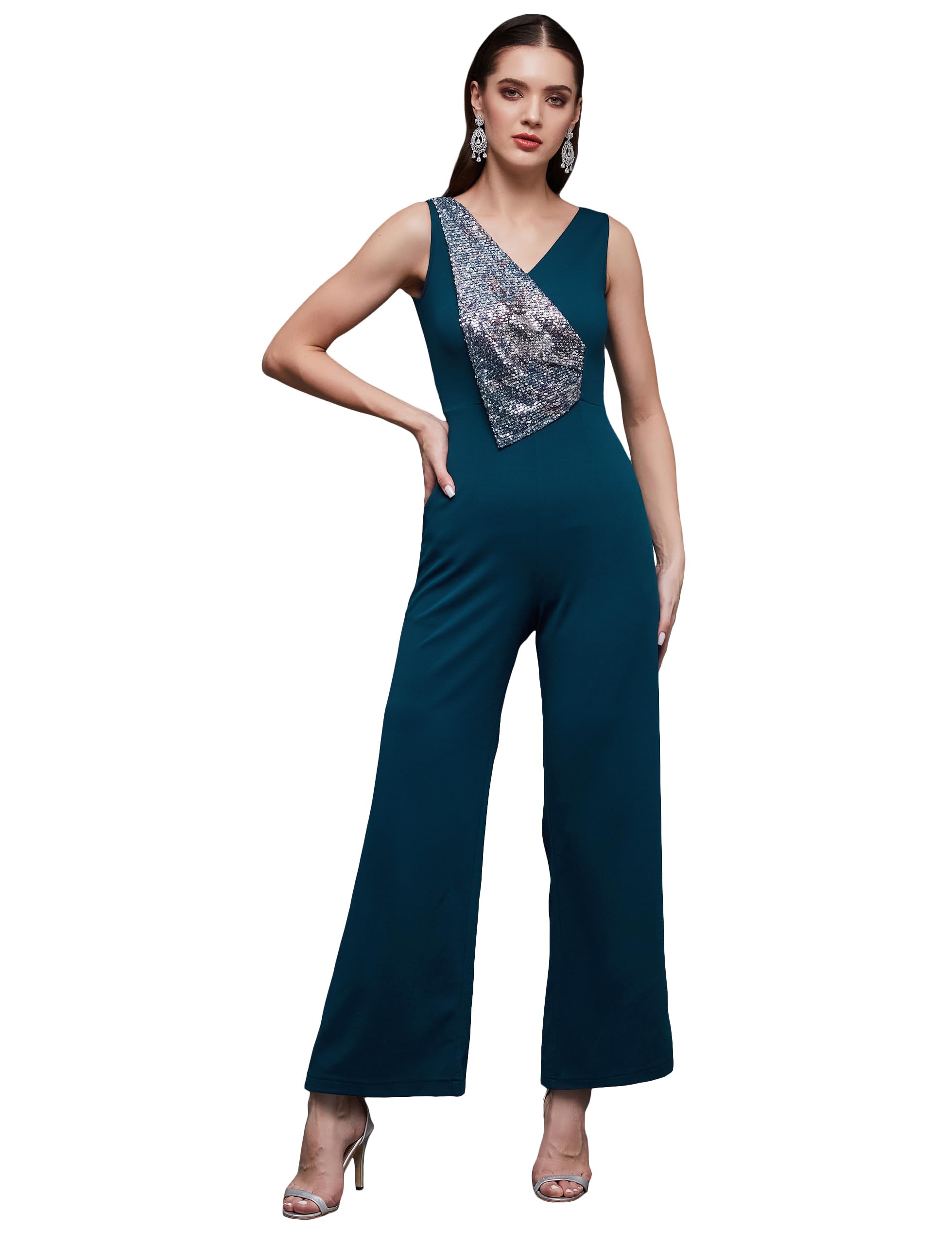 Miss Chase Womens V-Neck Sleeveless Embellished Straight-Leg Regular-Length Jumpsuit (MCSS24D19-29-83-05, Teal, L)