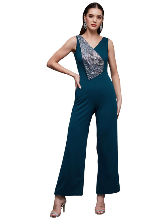 Miss Chase Womens V-Neck Sleeveless Embellished Straight-Leg Regular-Length Jumpsuit (MCSS24D19-29-83-05, Teal, L)
