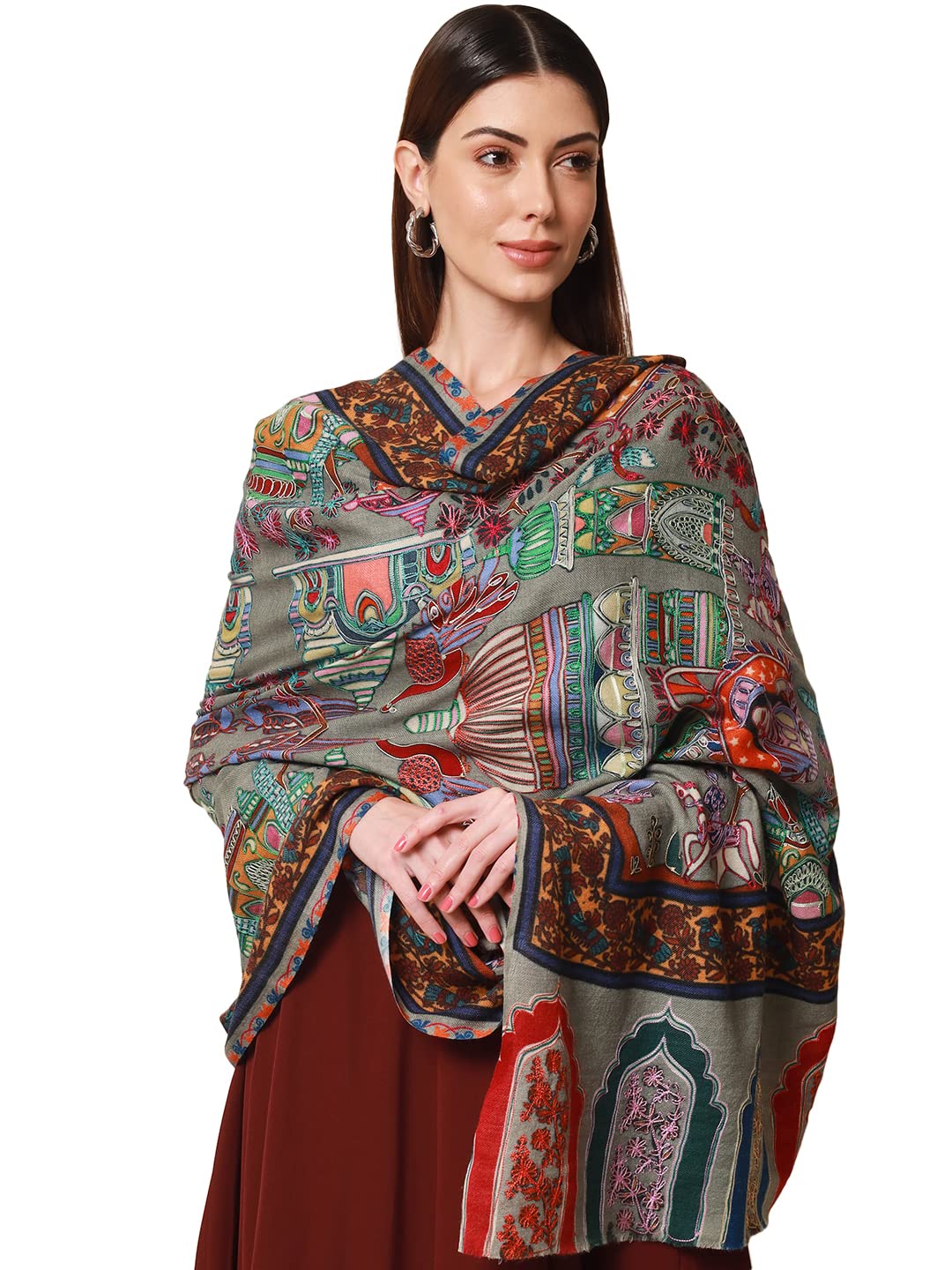 Pashmoda Women Noor Pure Wool Kalamkari Hand Embroidered Shawl (Size: 101 X 203 Cms)