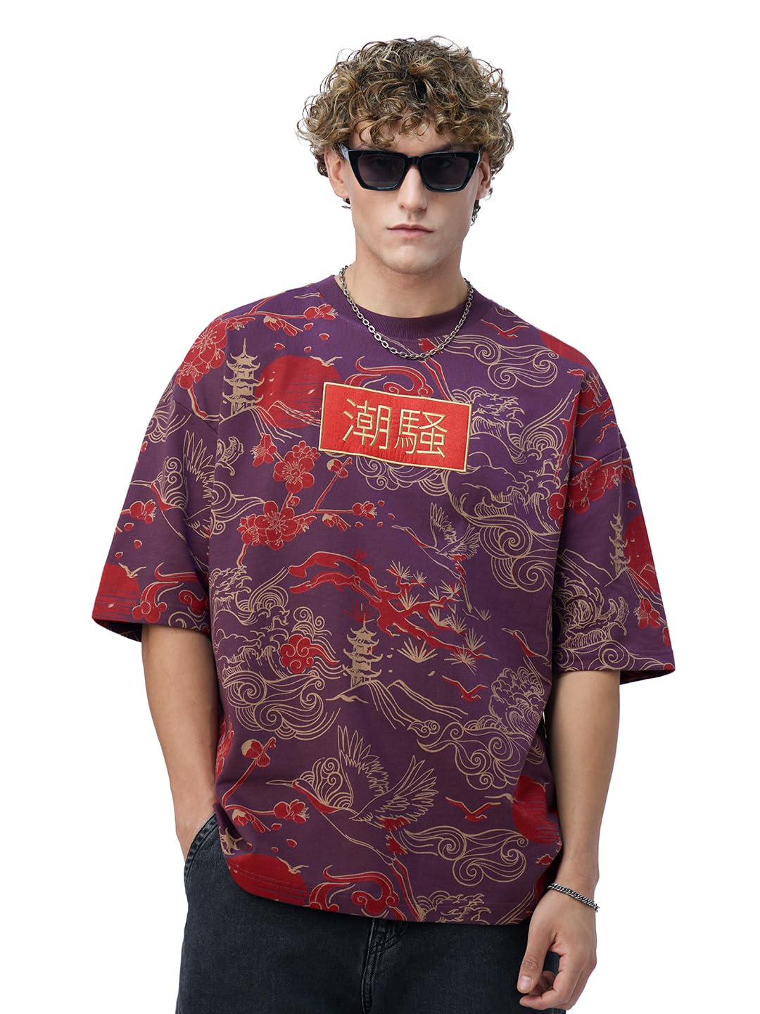 The Souled Store Originals: Sound of Waves Men and Boys Short Sleeves Round Neck Purple Embellished Lightweight Comfortable All-