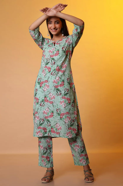 Aurelia Women's Floral Print Rayon Co-Ord Kurta Set with Trousers
