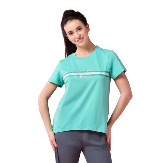Enamor Womens Striped Relaxed Fit T-Shirt (E3S5_Pool Sea Blue Strips